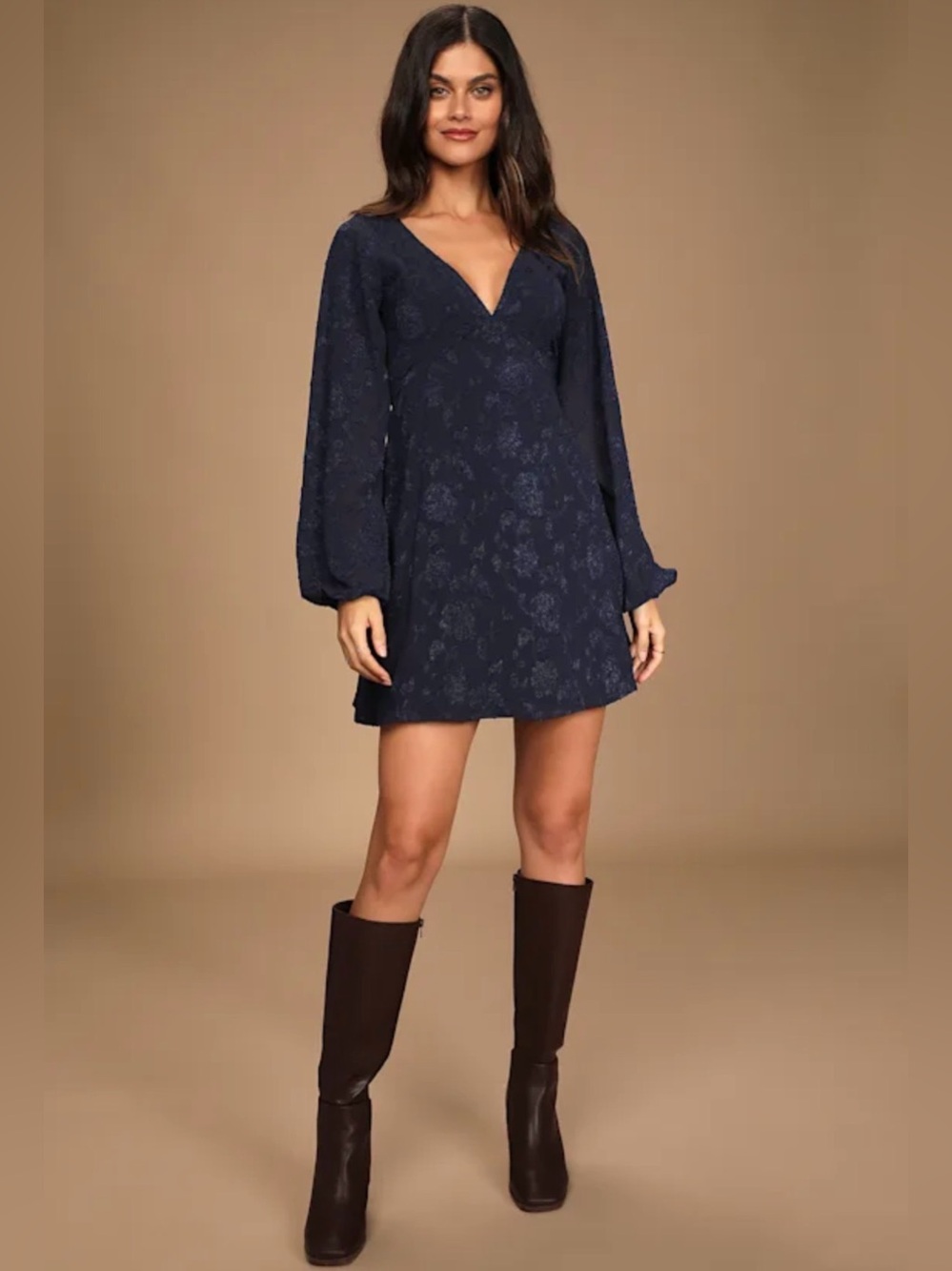 NWT Lulus Chic Ways Navy Blue Floral Jacquard Long Sleeve Mini Dress Size Small